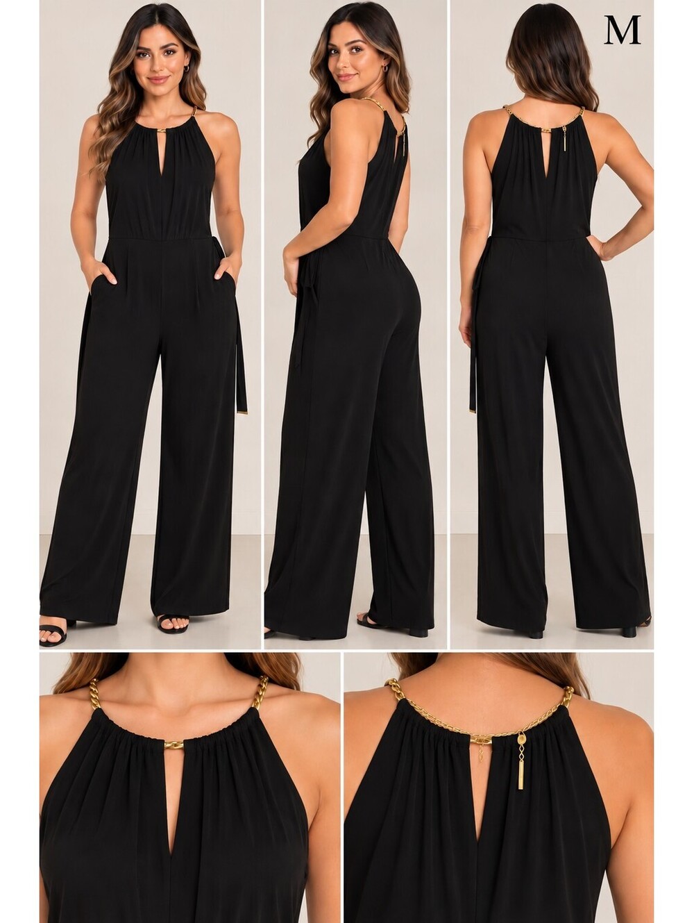 MICHAEL Michael Kors Black Sleeveless Jumpsuit with Gold Chain Detail, Size M